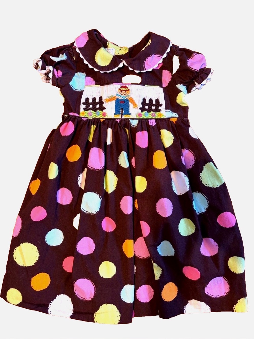 Marmellata Girls 2T Smocked Scarecrow Fall Dress Brown Polka Dot Pumpkin Patch